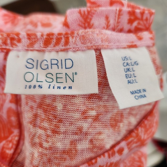 Sigrid Olsen 100 Linen Pink &‎ Orange Marine Life Short Sleeve Button Back Top L - Picture 2 of 8